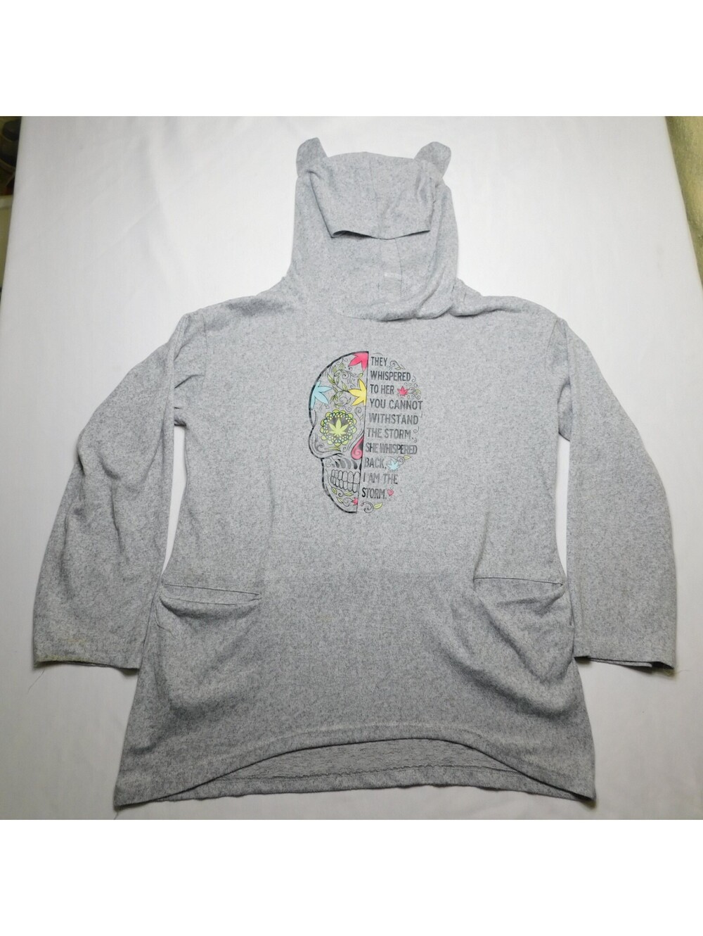 I Am The Storm Sugar Skull Hoodie Women's XXL Gray Pouch Pockets Ears Hood